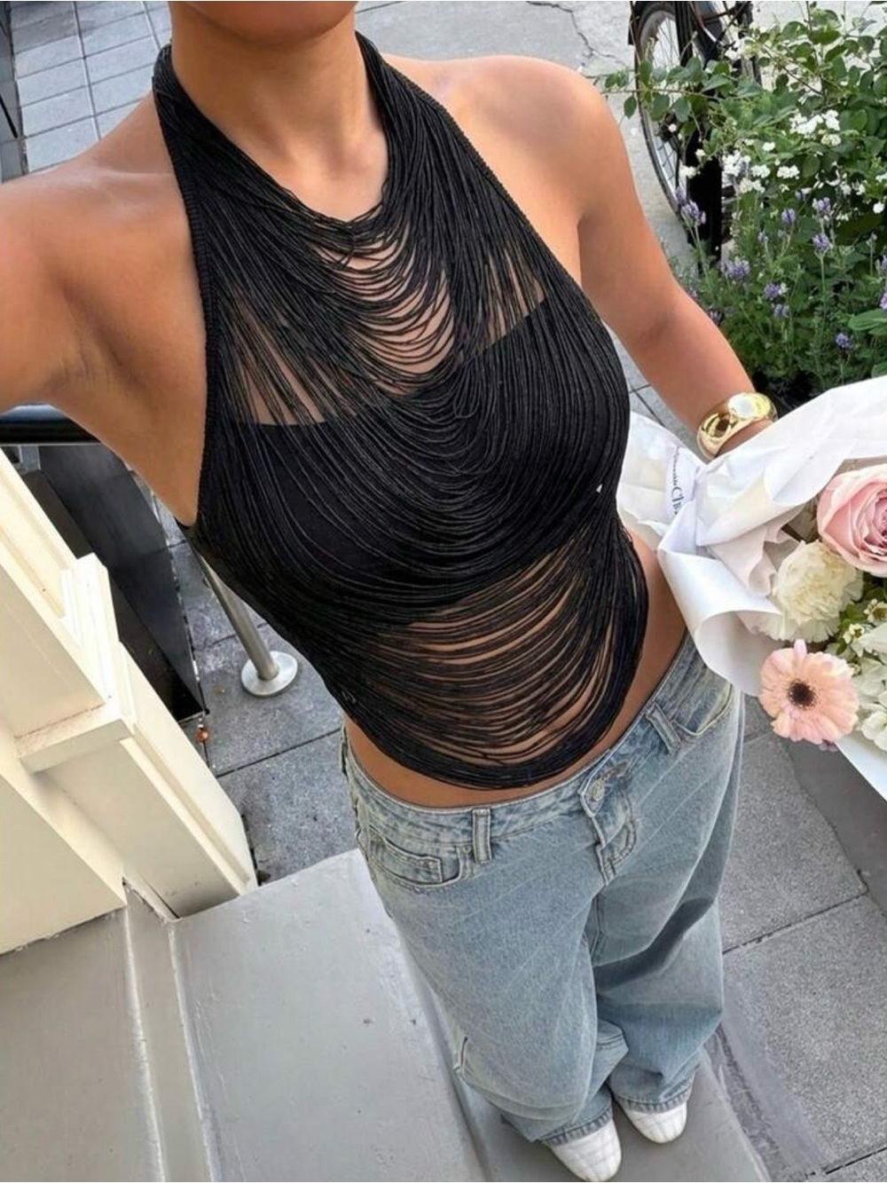 SHEIN Black Halter Layered Fringe Crop Camisole